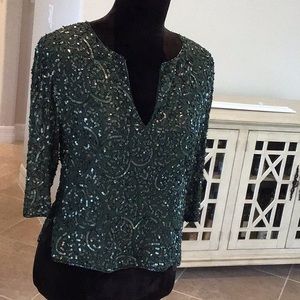 Emma Black Forest green sequin/beaded half sleeve top, side zip, size 6